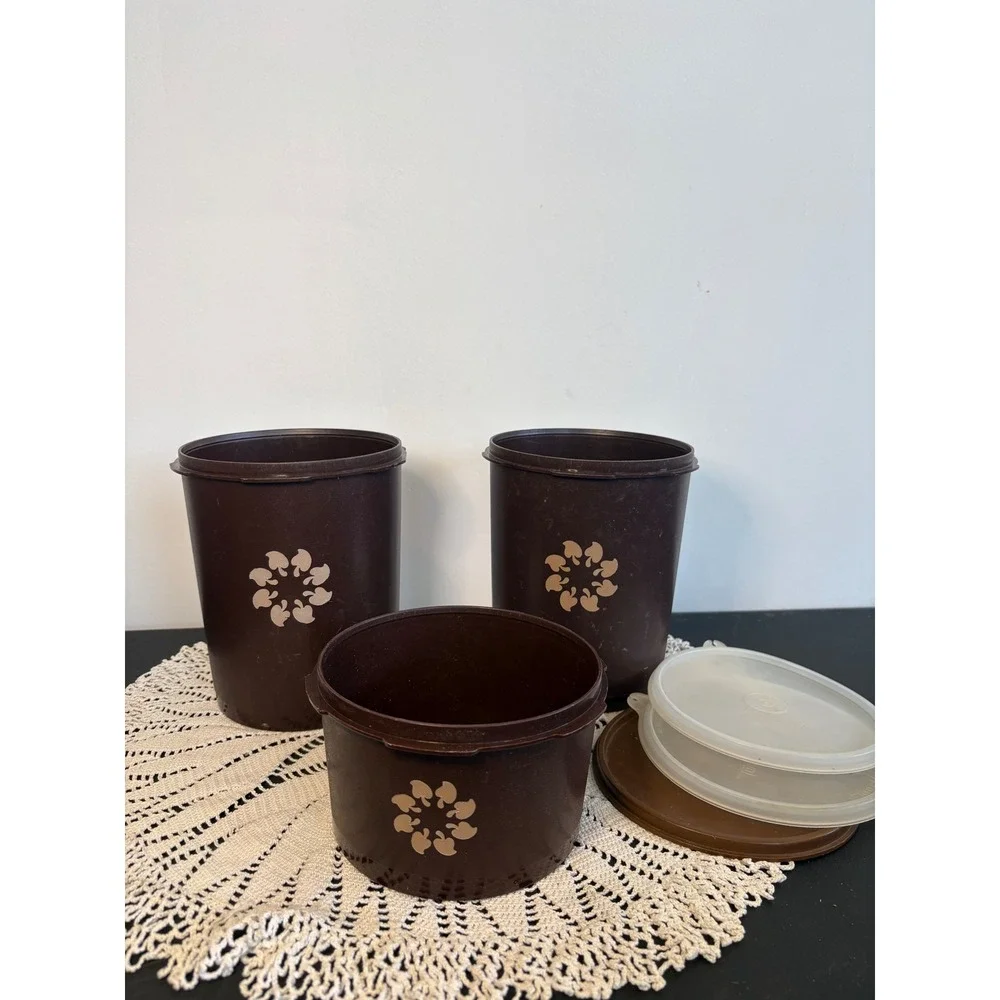 Vintage Tupperware Servalier Canister Set Brown Floral 809-13 809-14 1298-11 3pc